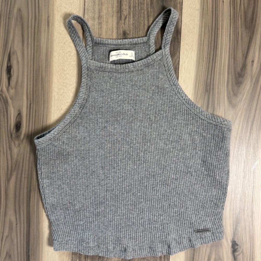 Abercrombie & Fitch Gray Ribbed Knit Crop Tank Top Large High Neck Sleeveless